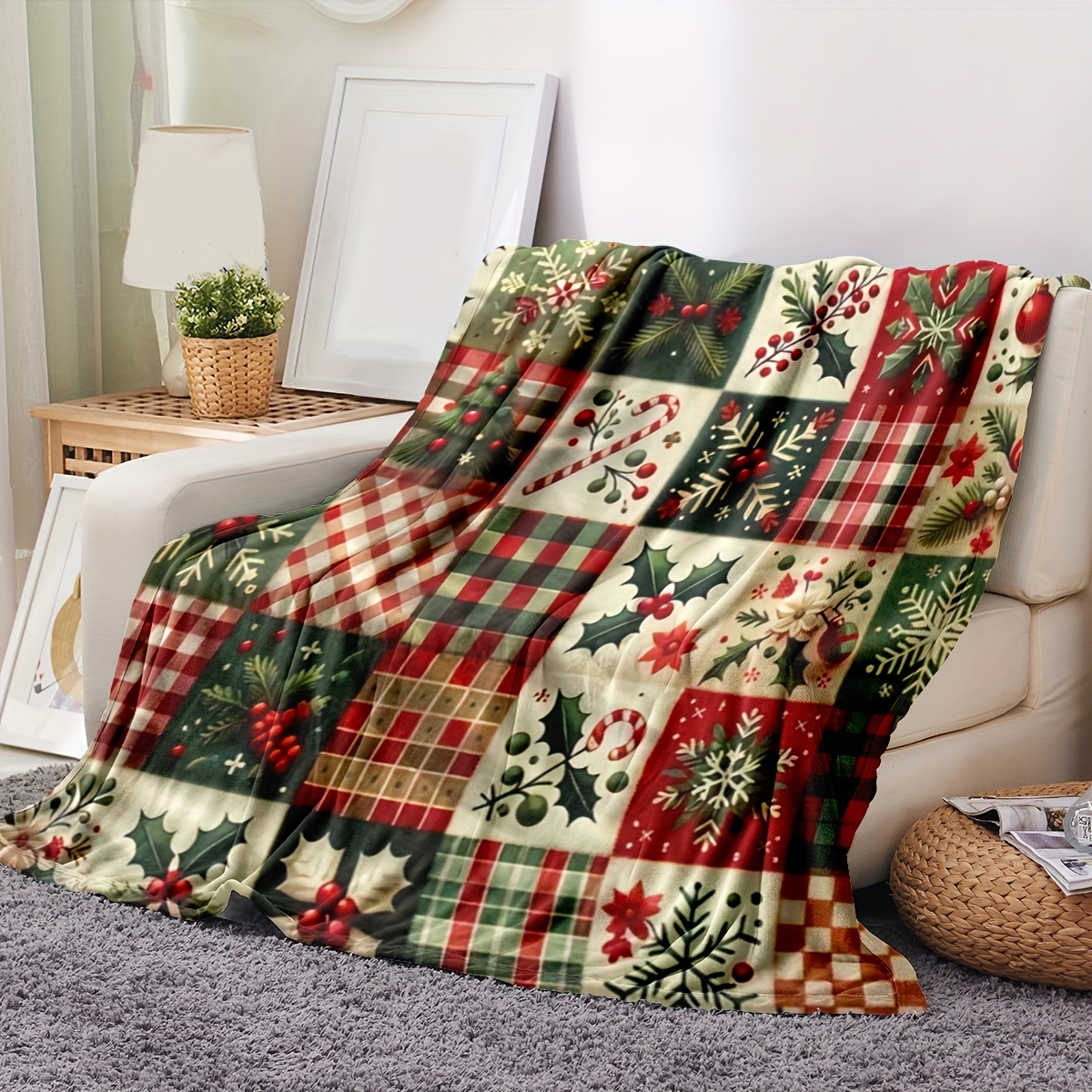Christmas Throw Blanket - Festive Patchwork Throw Blanket Flannel Material
